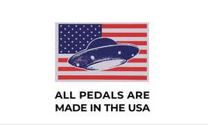 American flag with a UFO design and text 'All Pedals Are Made In The USA' on a white background